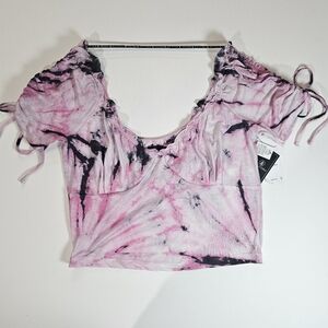 Volcom Midi Crop Top Womens Large Pink Black Tie Dye Ruched Puff Sleeve Boho Y2K